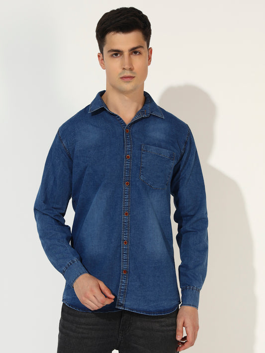 SINGLE POCKET ACID WASHED SILKY DENIM SHIRT