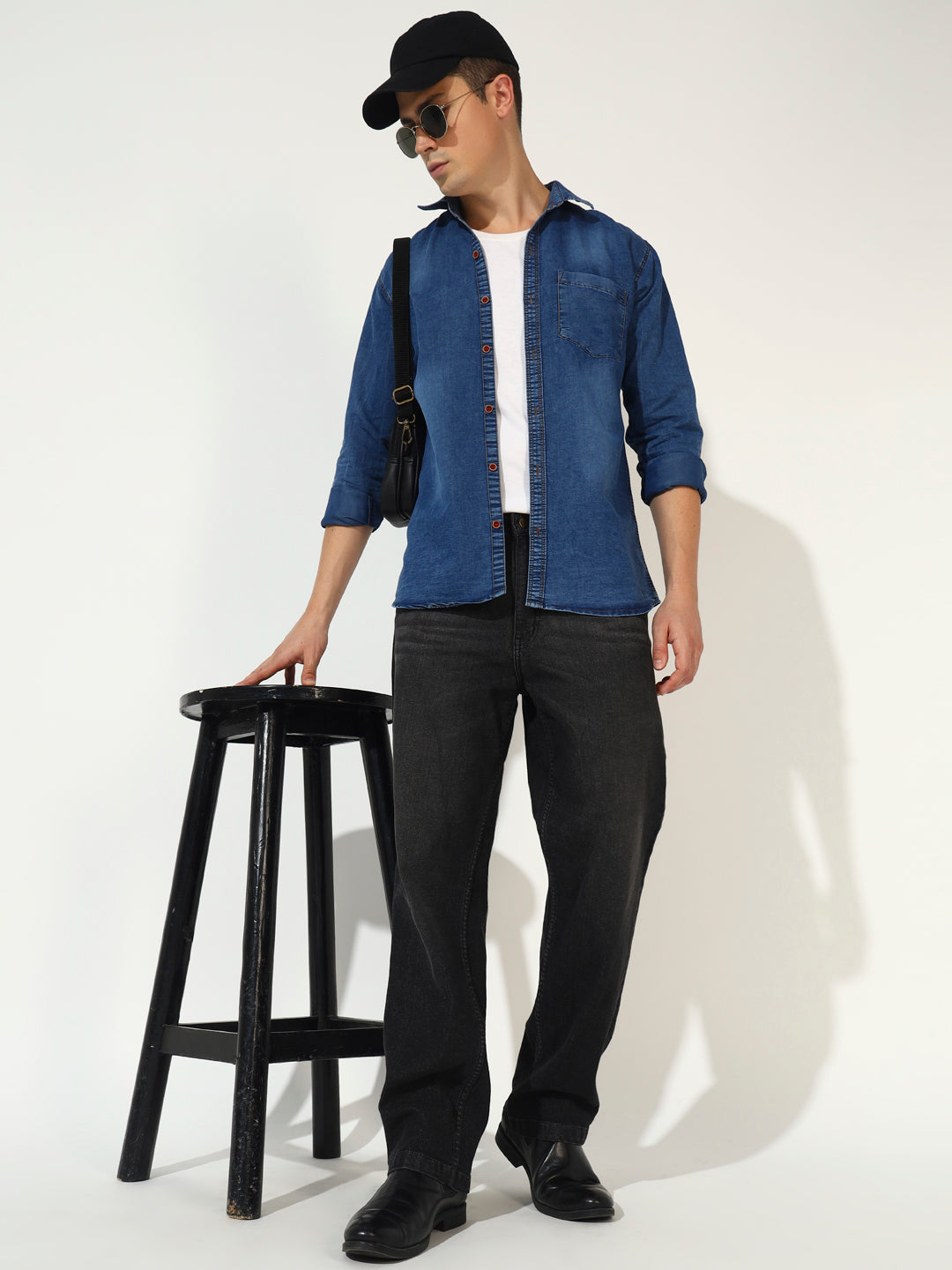 SINGLE POCKET ACID WASHED SILKY DENIM SHIRT