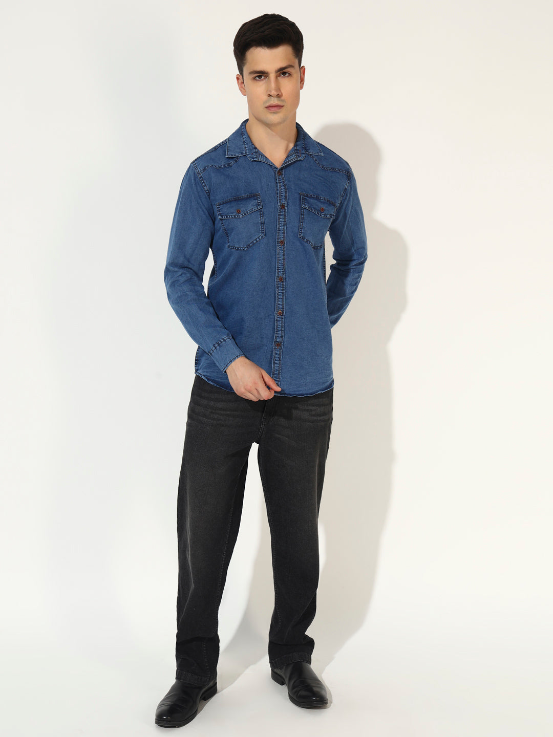 DOUBLE FLAP POCKET SPREAD COLLAR ACID BLUE DENIM SHIRT