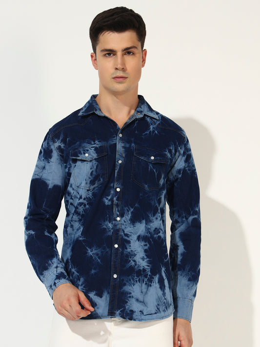 CLOUDBURST DARK BLUE DOUBLE POCKET DENIM SHIRT FOR MEN