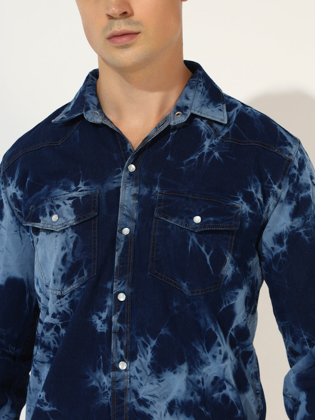 CLOUDBURST DARK BLUE DOUBLE POCKET DENIM SHIRT FOR MEN