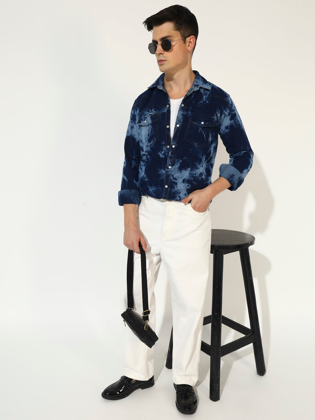 CLOUDBURST DARK BLUE DOUBLE POCKET DENIM SHIRT FOR MEN