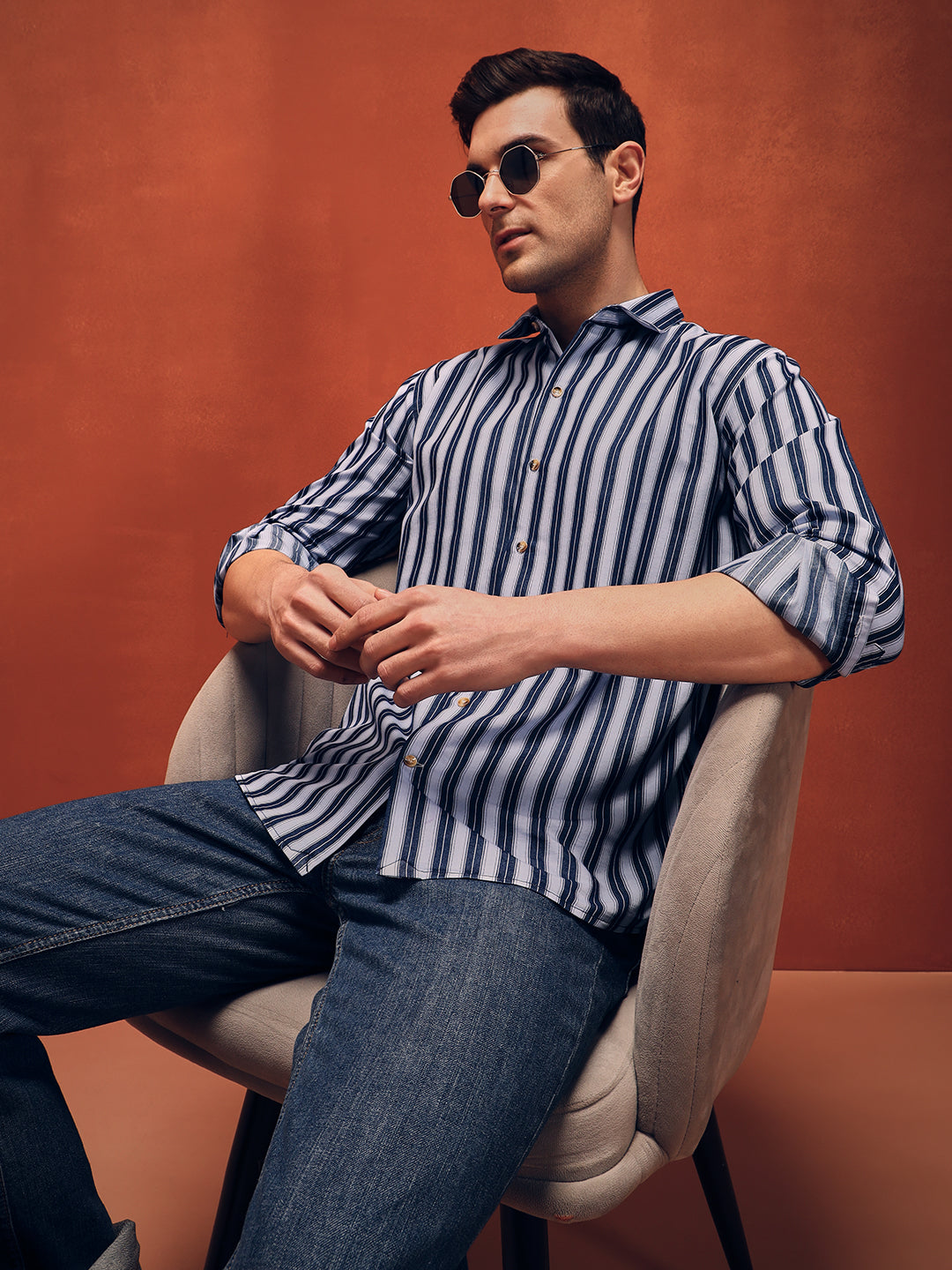 Men's White Stripes Indigo Denim Shirt