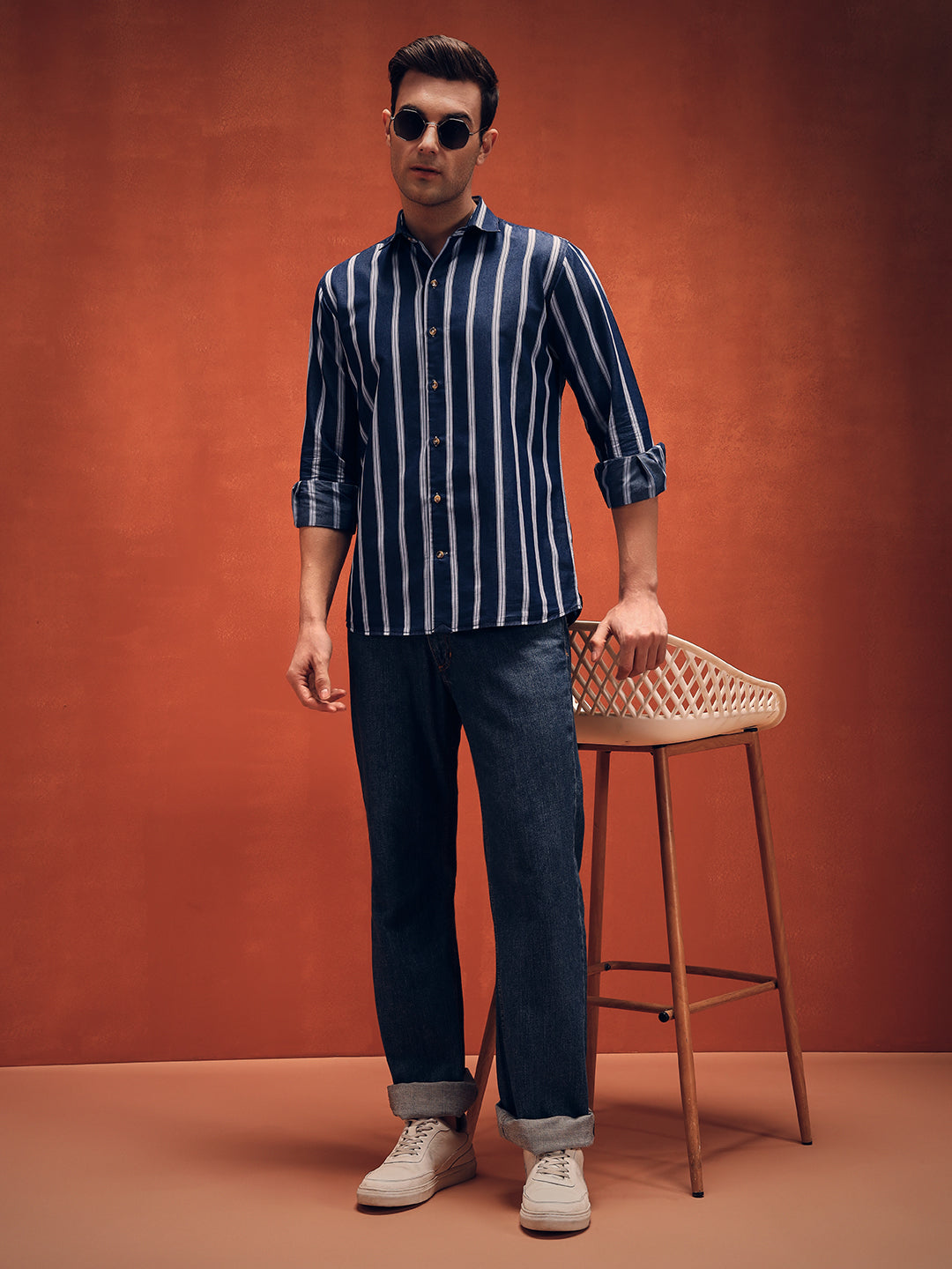 Men's Stripes Navy Blue Denim Shirt