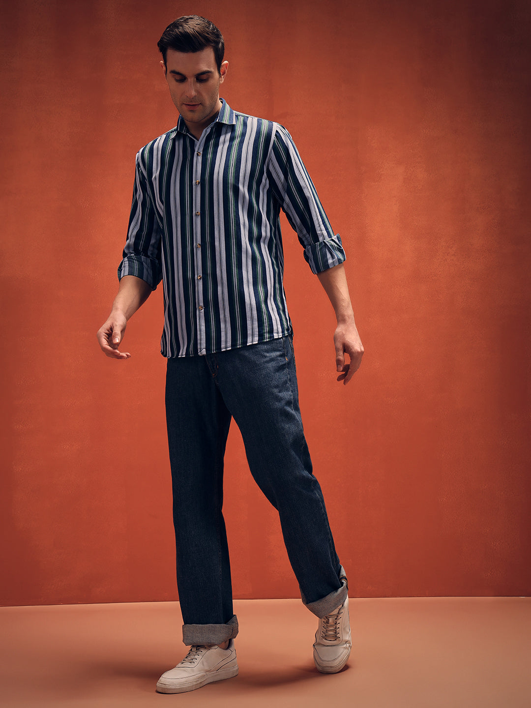 Men's Stripes Green Denim Shirt