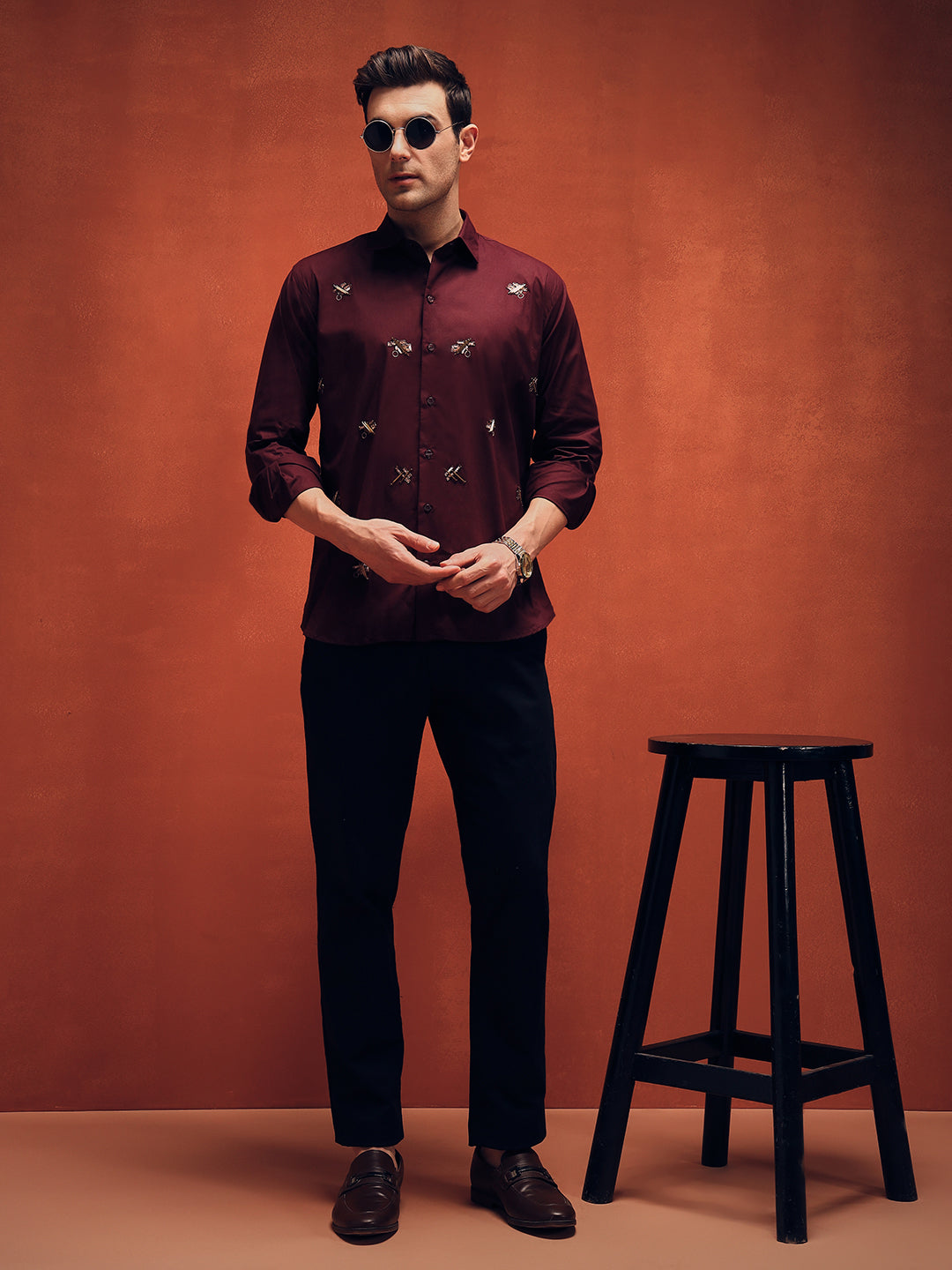 Butterfly Embroidery Maroon Shirt For Mens