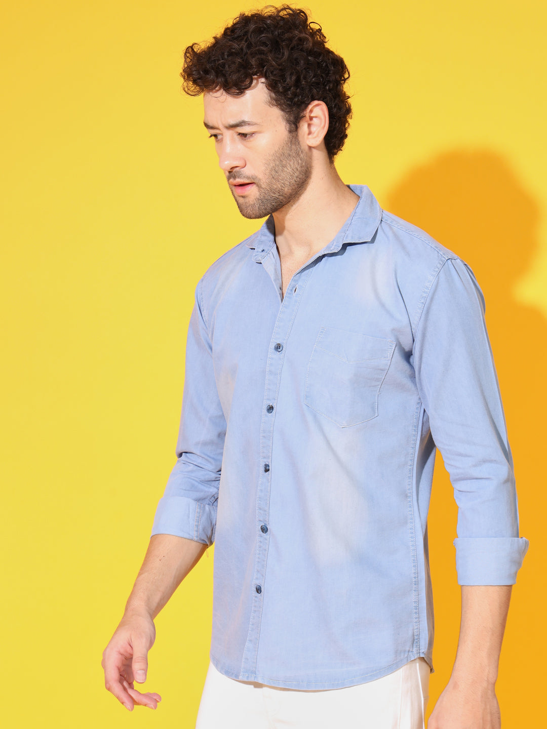 SINGLE POCKET LIGHT BLUE WASHED SILKY DENIM SHIRT