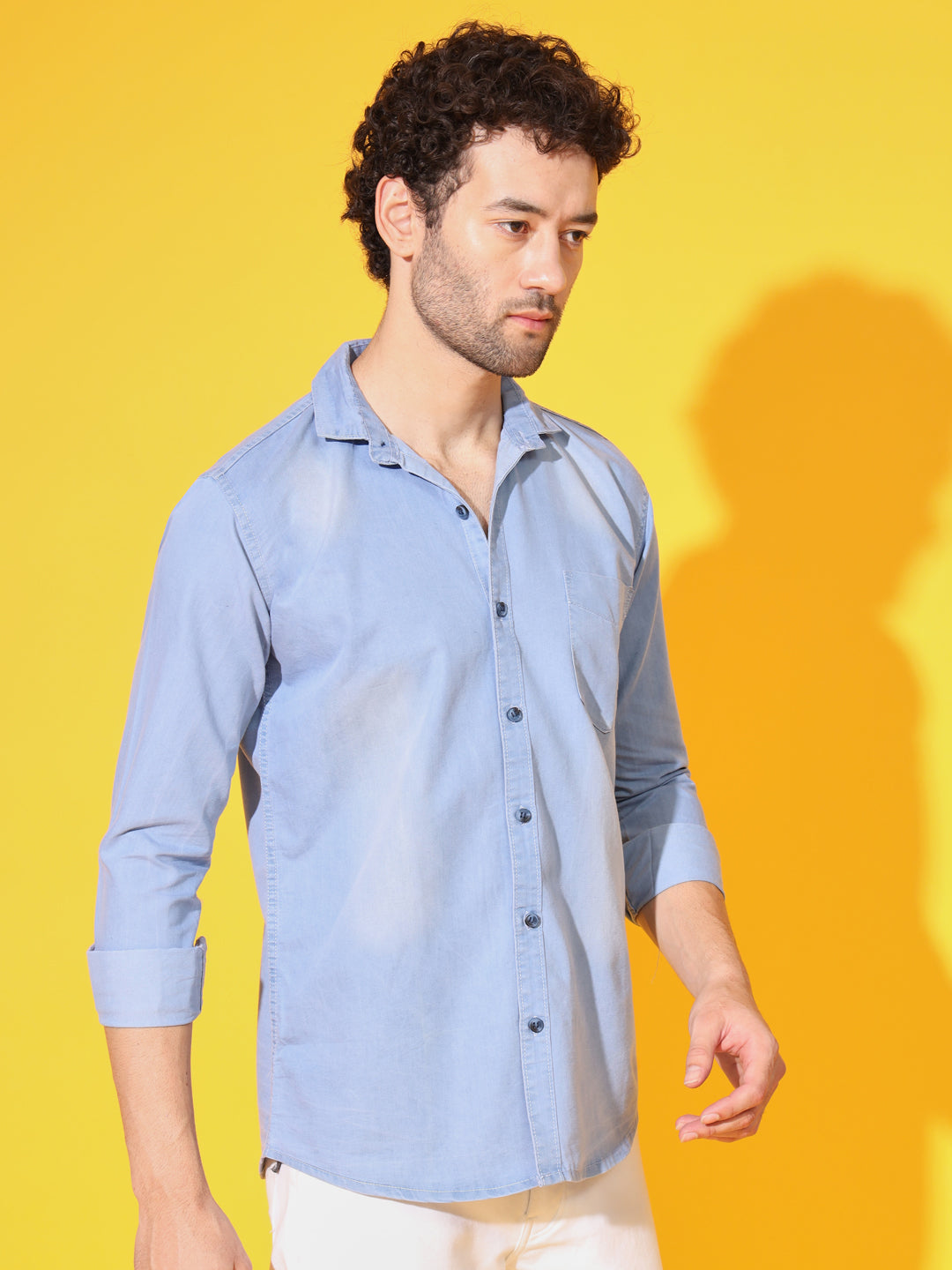 SINGLE POCKET LIGHT BLUE WASHED SILKY DENIM SHIRT