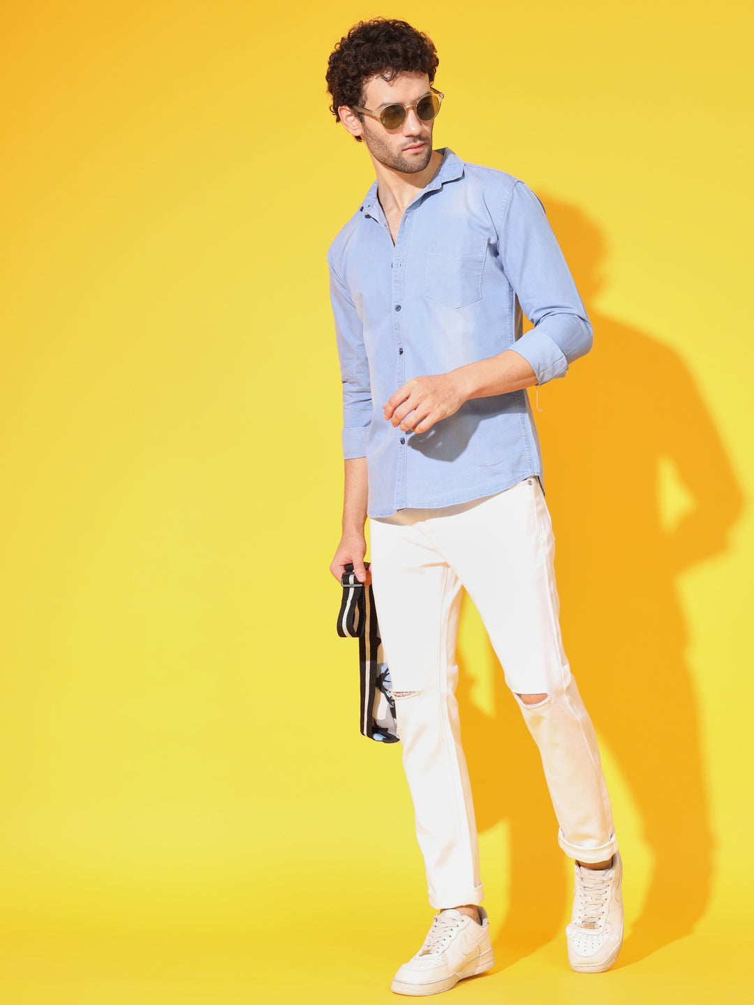 SINGLE POCKET LIGHT BLUE WASHED SILKY DENIM SHIRT