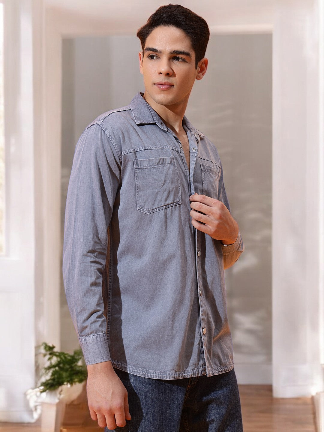 DOUBLE PATCH POCKET COTTON RFD GREY SHIRT