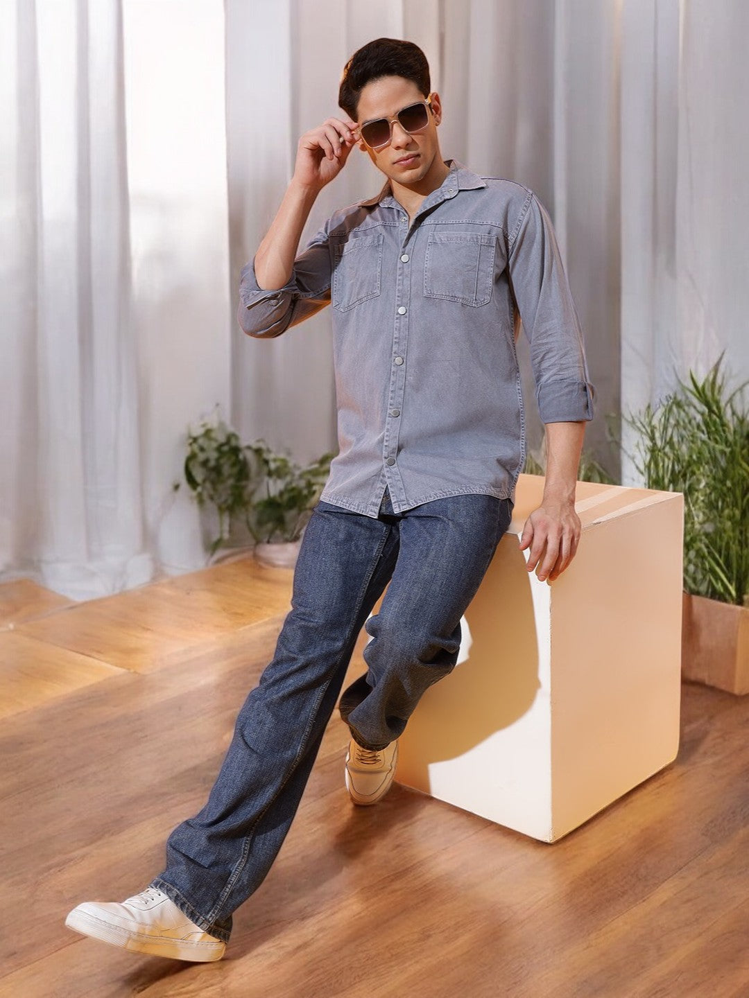 DOUBLE PATCH POCKET COTTON RFD GREY SHIRT