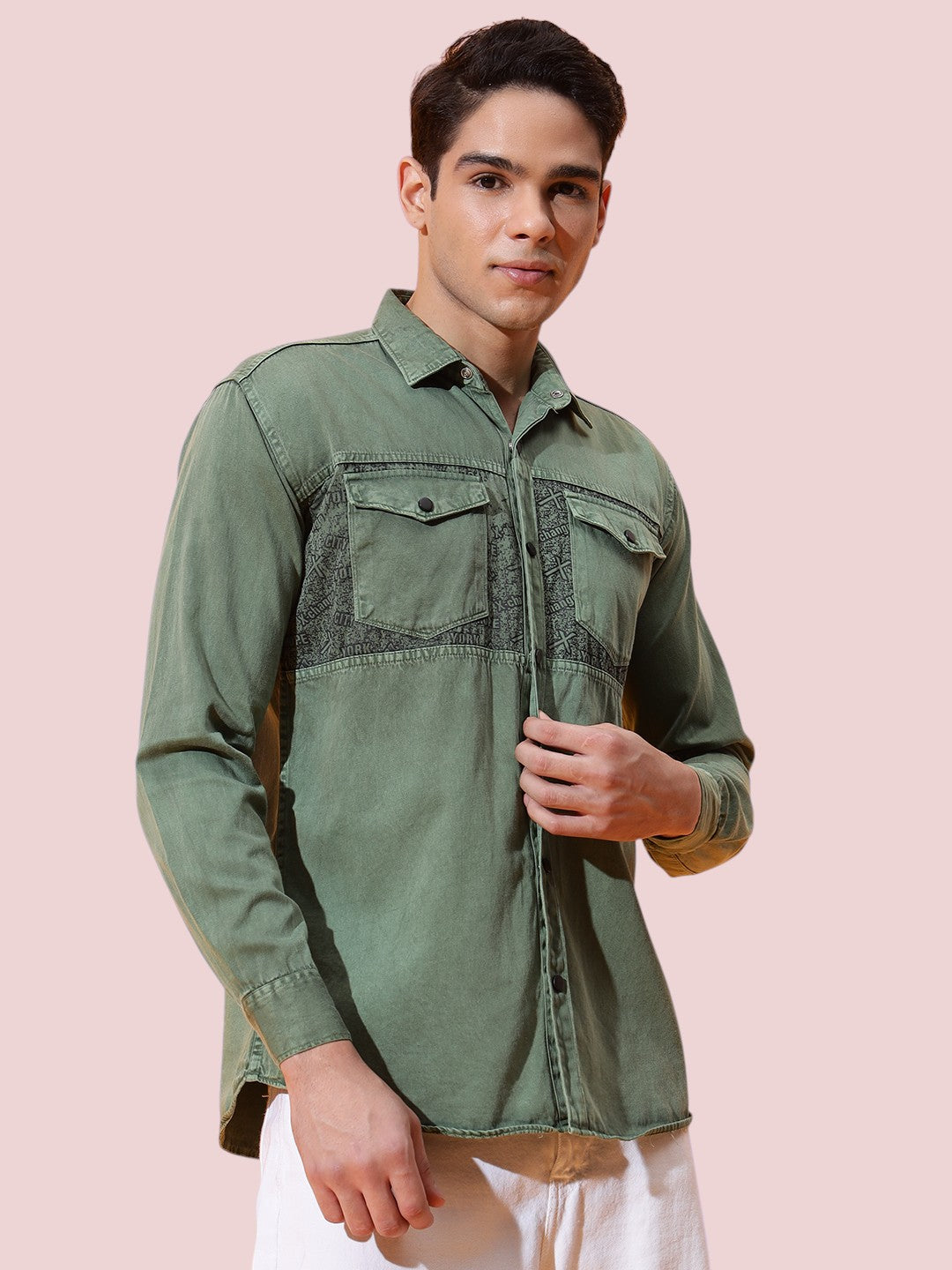 DOUBLE POCKET CHEST PRINTED COTTON RFD GREEN SHIRT