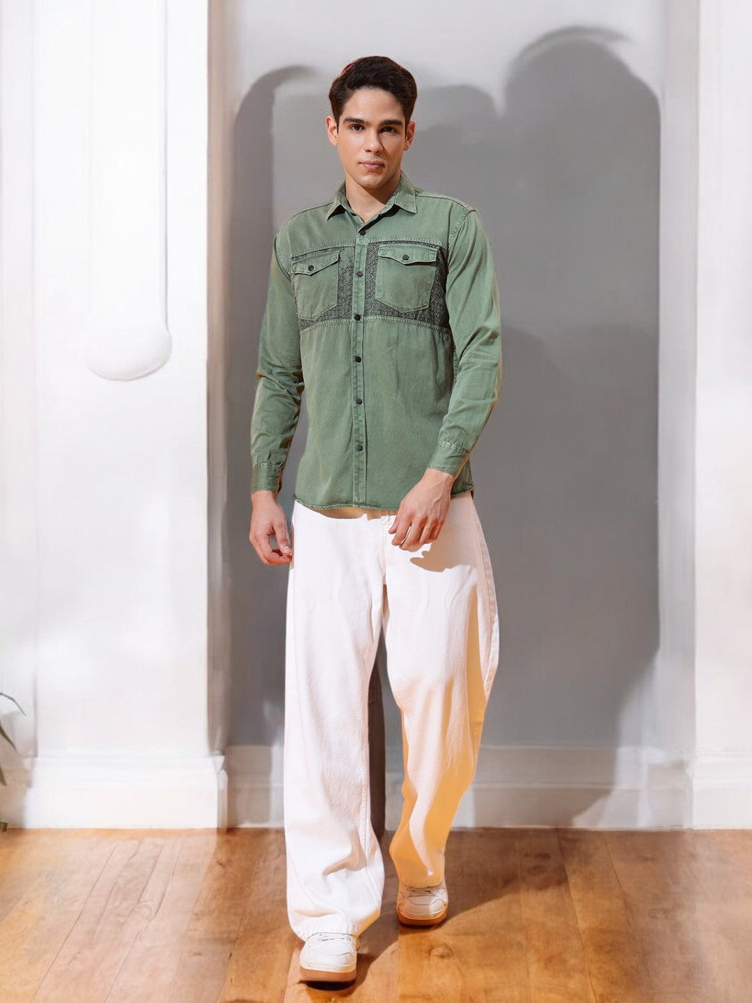 DOUBLE POCKET CHEST PRINTED COTTON RFD GREEN SHIRT