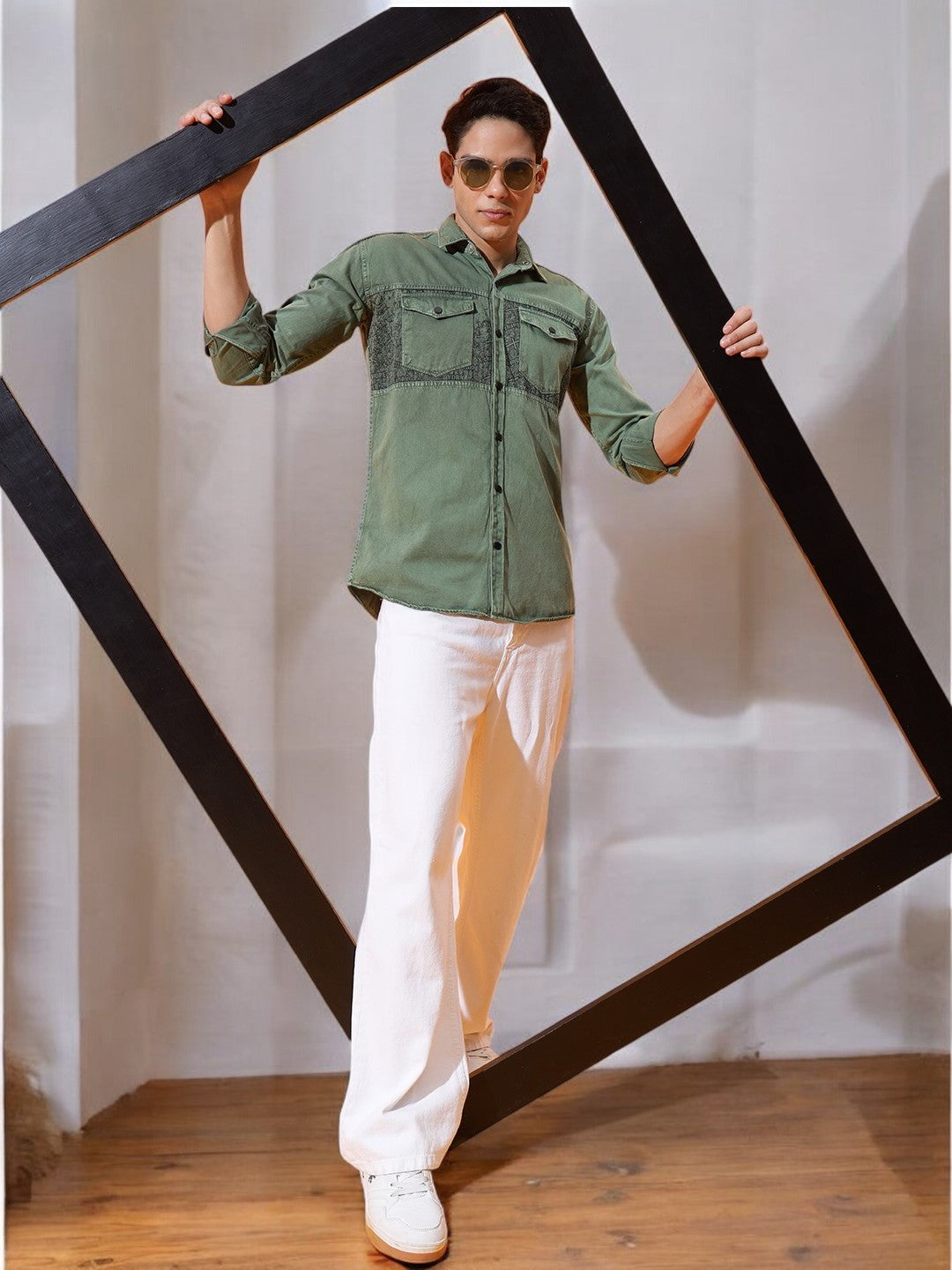 DOUBLE POCKET CHEST PRINTED COTTON RFD GREEN SHIRT