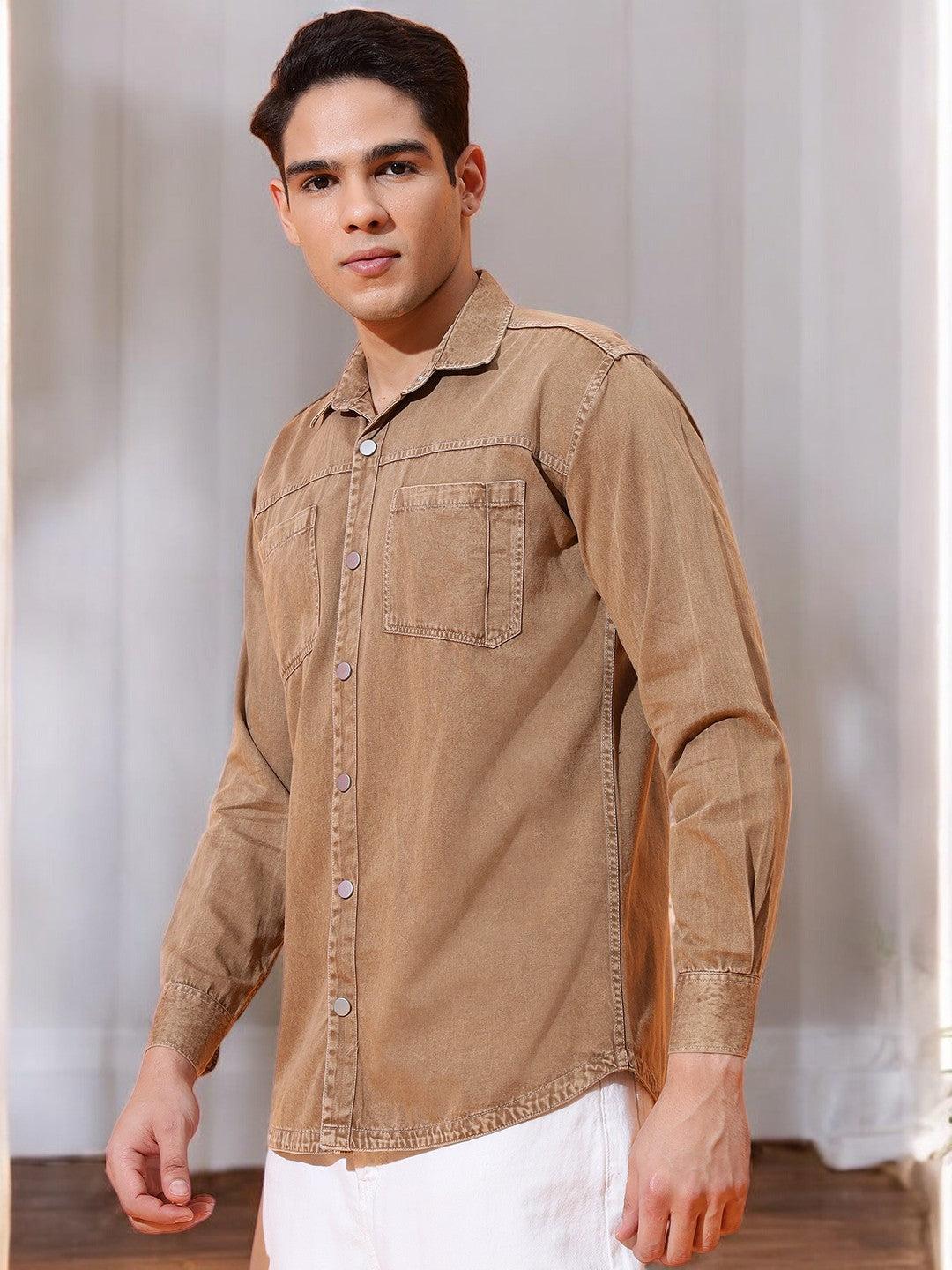 DOUBLE PATCH POCKET COTTON RFD CAMEL BROWN SHIRT