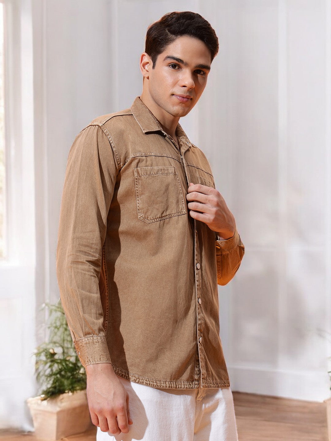 DOUBLE PATCH POCKET COTTON RFD CAMEL BROWN SHIRT