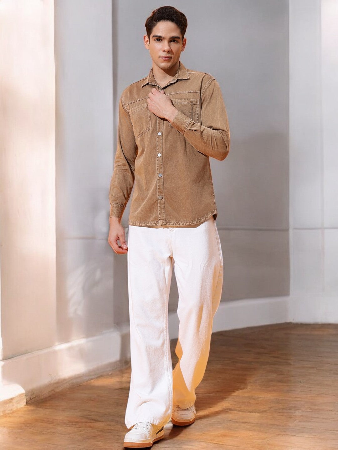 DOUBLE PATCH POCKET COTTON RFD CAMEL BROWN SHIRT