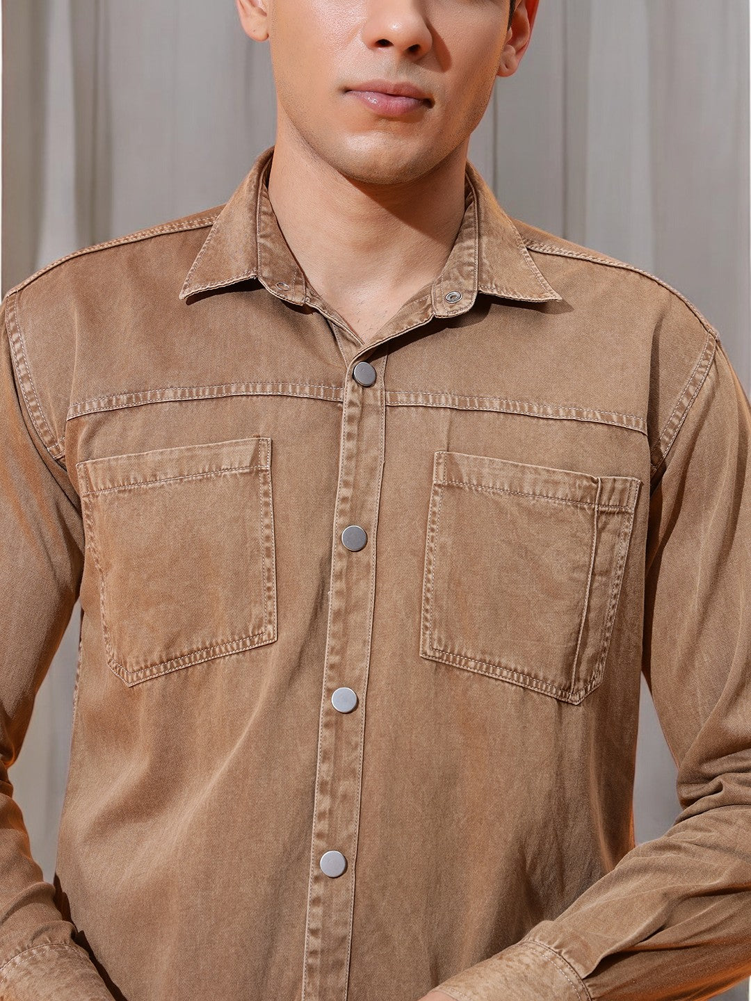 DOUBLE PATCH POCKET COTTON RFD CAMEL BROWN SHIRT