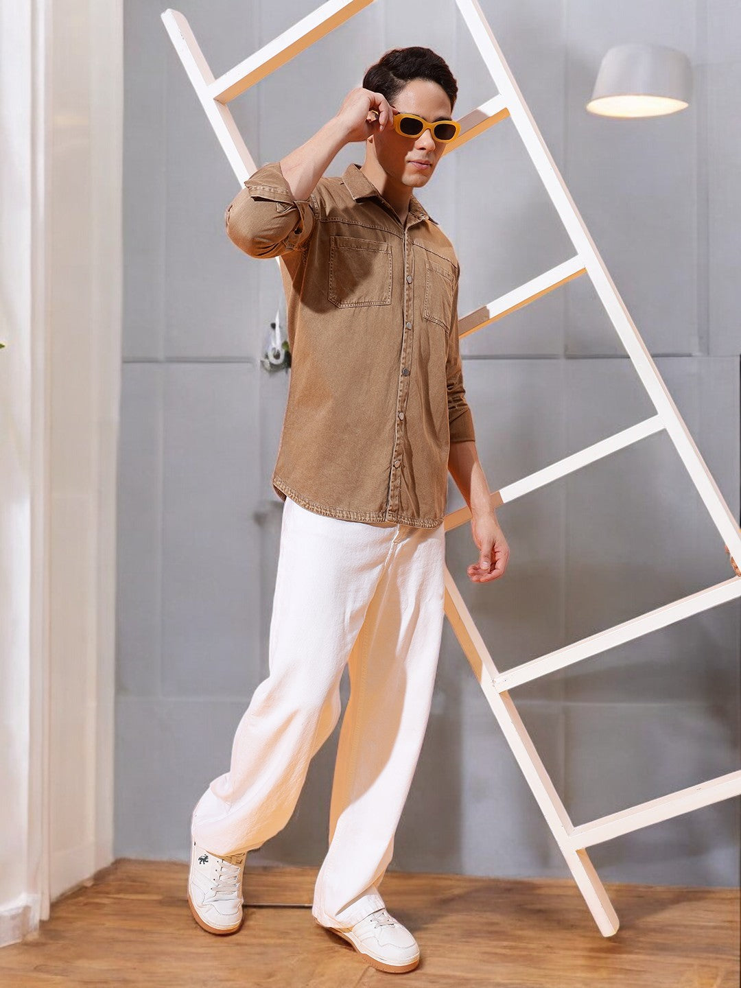 DOUBLE PATCH POCKET COTTON RFD CAMEL BROWN SHIRT