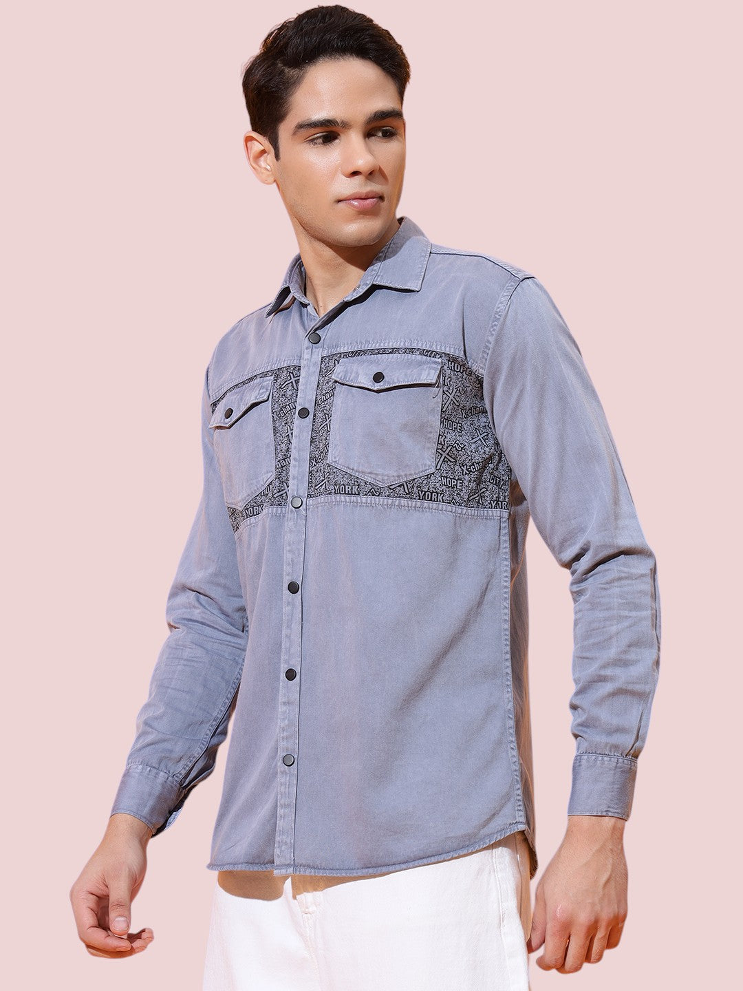 DOUBLE POCKET CHEST PRINTED COTTON RFD GREY SHIRT