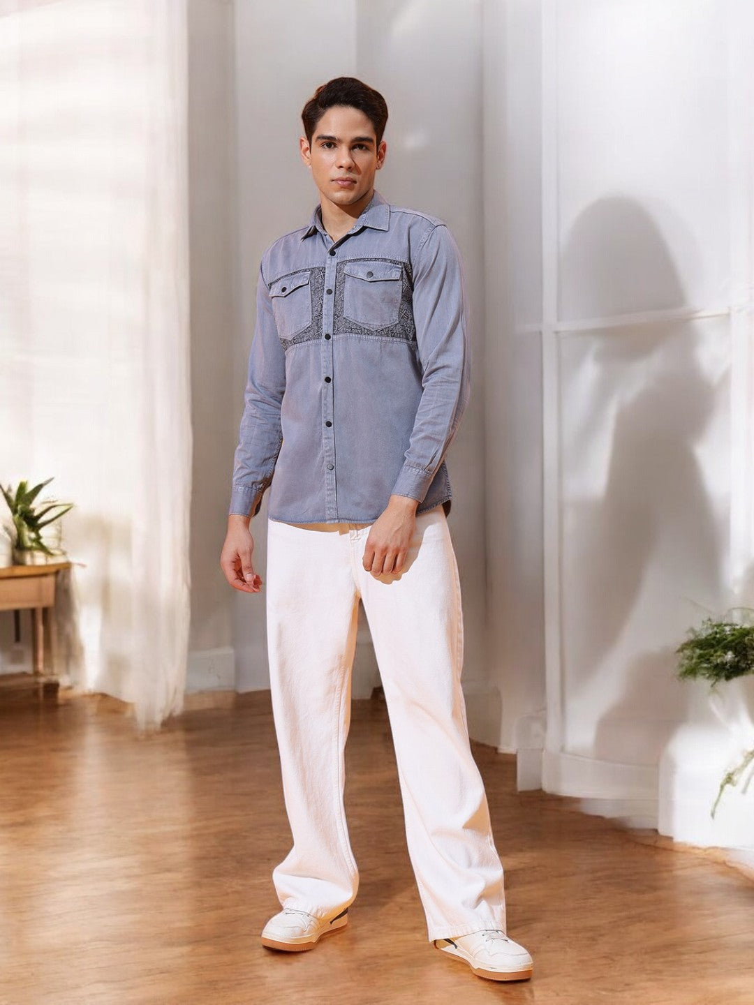 DOUBLE POCKET CHEST PRINTED COTTON RFD GREY SHIRT