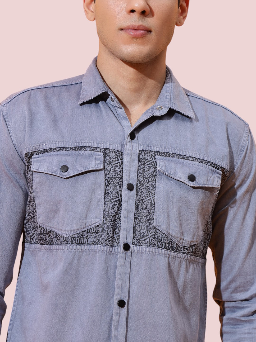 DOUBLE POCKET CHEST PRINTED COTTON RFD GREY SHIRT