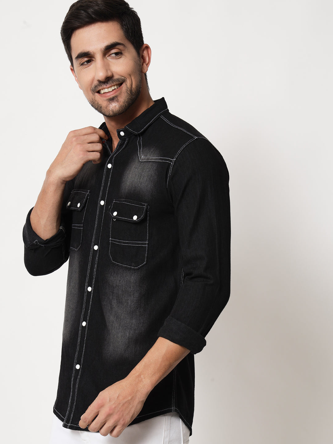 DOUBLE POCKET BLACK DENIM SHIRT