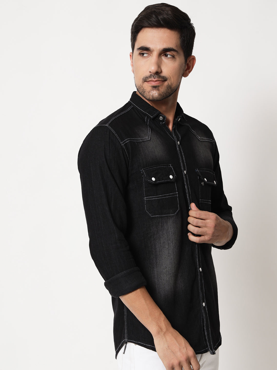 DOUBLE POCKET BLACK DENIM SHIRT