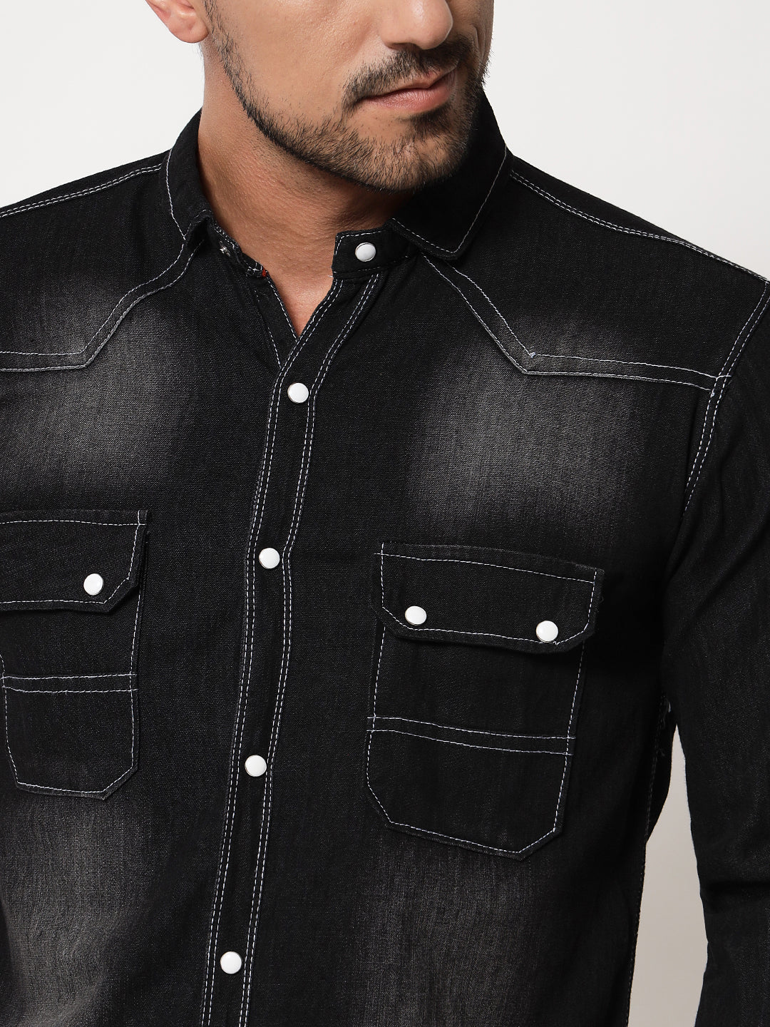 DOUBLE POCKET BLACK DENIM SHIRT