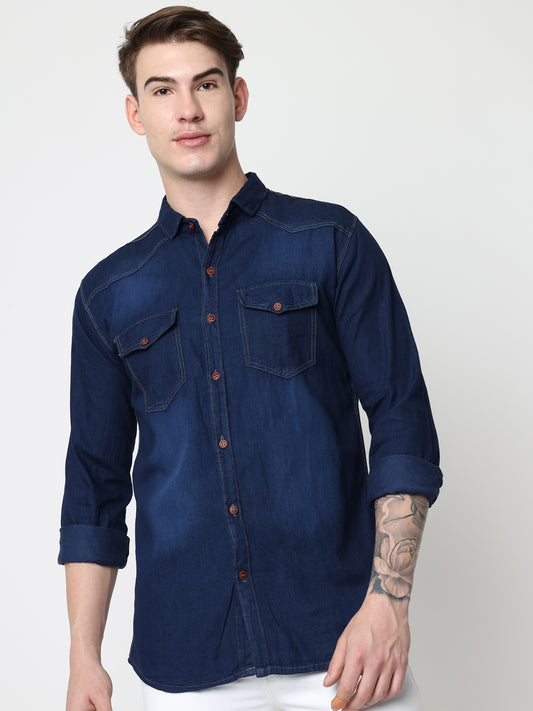 DOUBLE FLAP POCKET SPREAD COLLAR BLUE DENIM SHIRT
