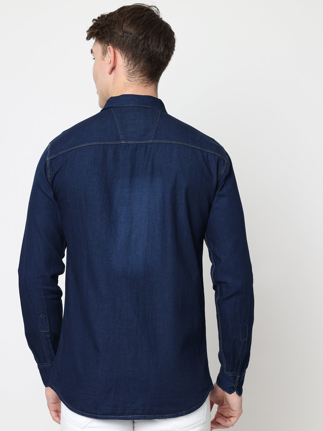 DOUBLE FLAP POCKET SPREAD COLLAR BLUE DENIM SHIRT