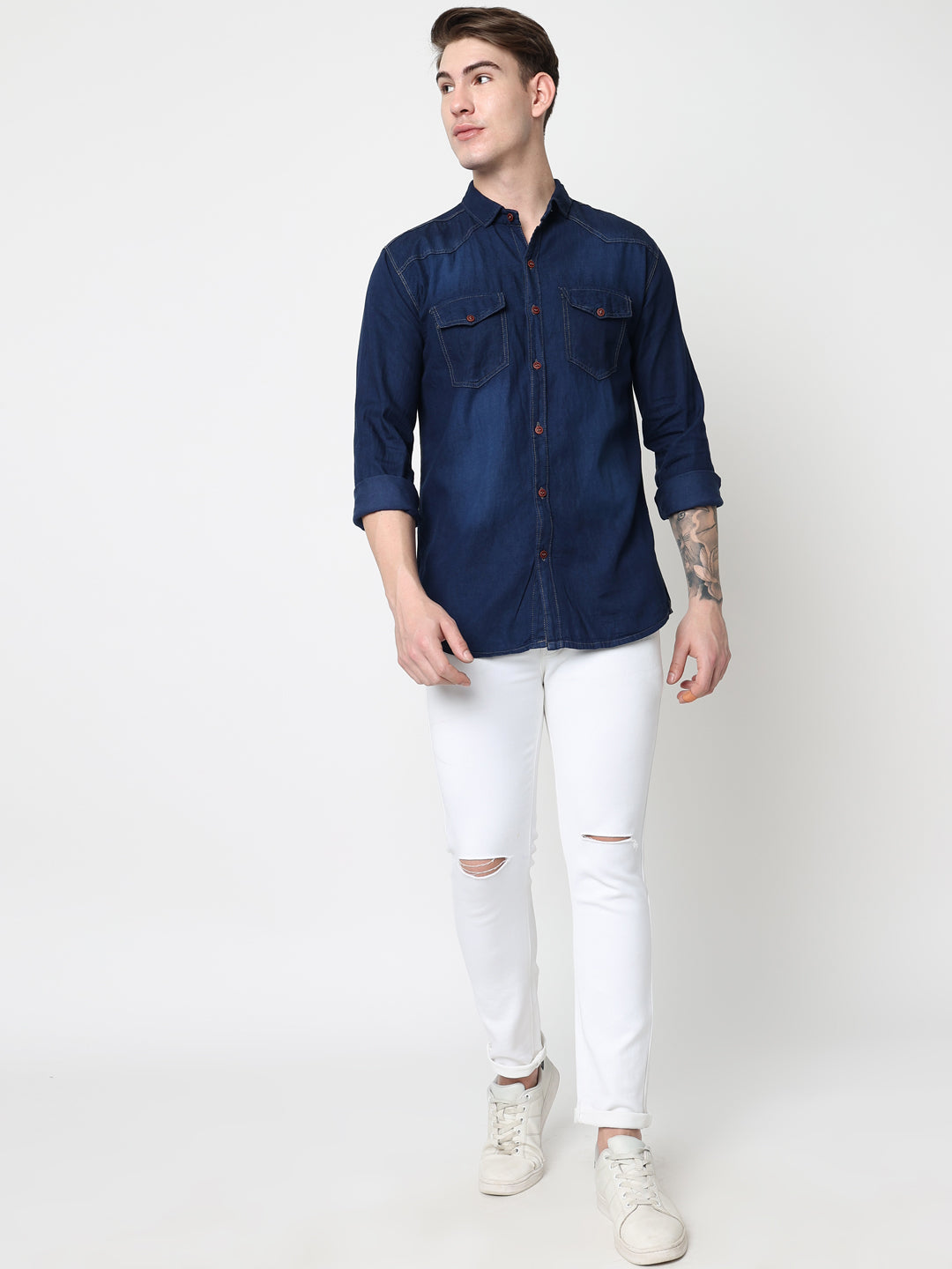 DOUBLE FLAP POCKET SPREAD COLLAR BLUE DENIM SHIRT