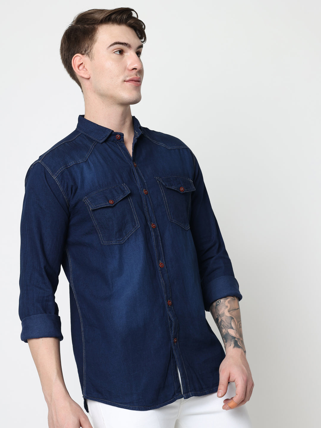 DOUBLE FLAP POCKET SPREAD COLLAR BLUE DENIM SHIRT