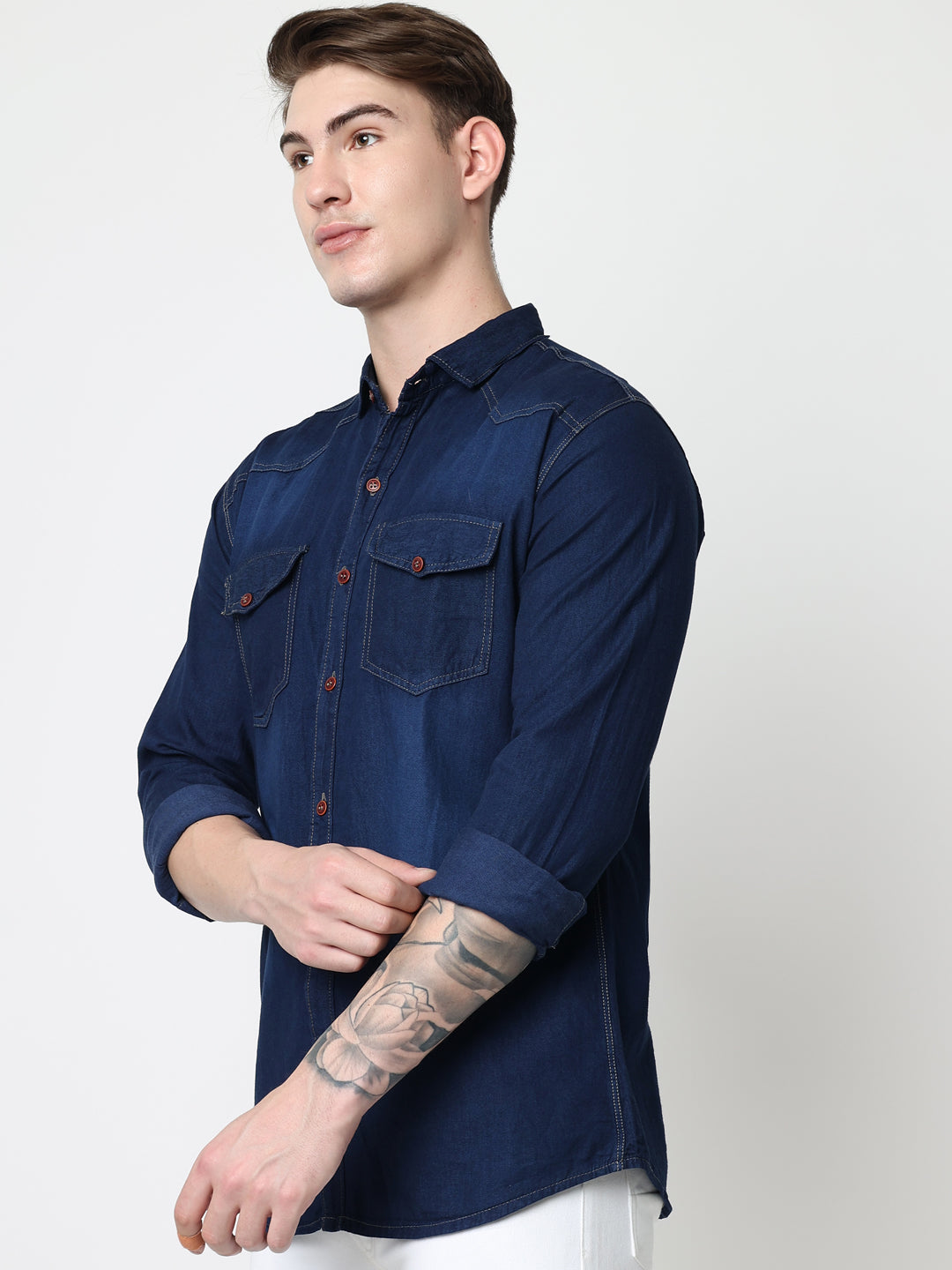 DOUBLE FLAP POCKET SPREAD COLLAR BLUE DENIM SHIRT