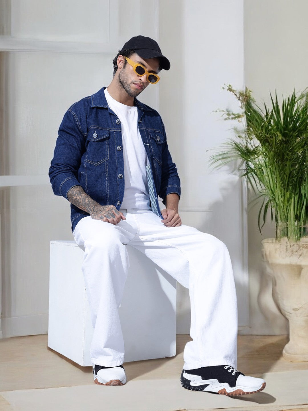 Indigo Double Pocket Blue Denim Jacket-Model