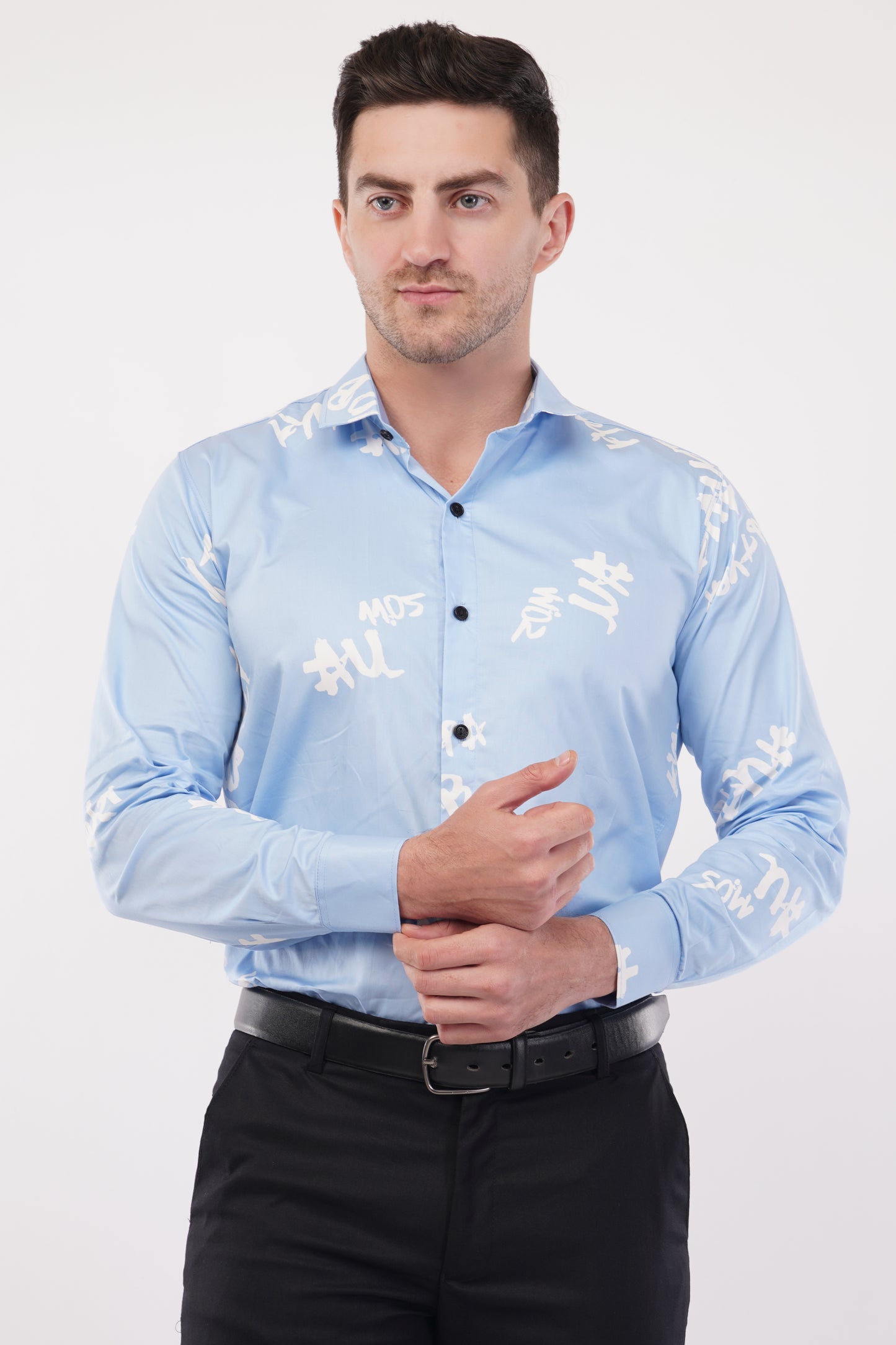 Alphabet Cotton French Sky Blue Digital Printed Shirt