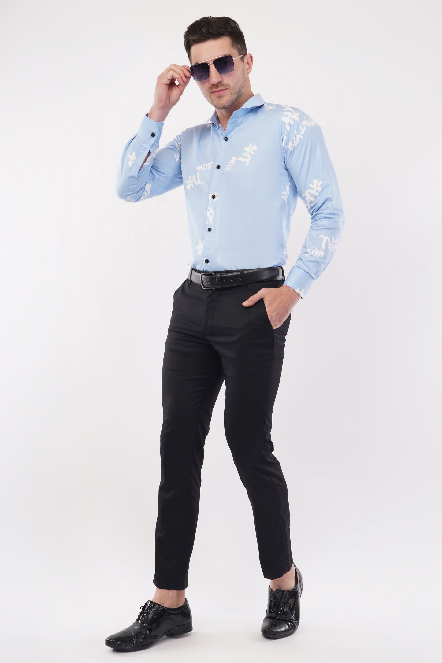 Alphabet Cotton French Sky Blue Digital Printed Shirt