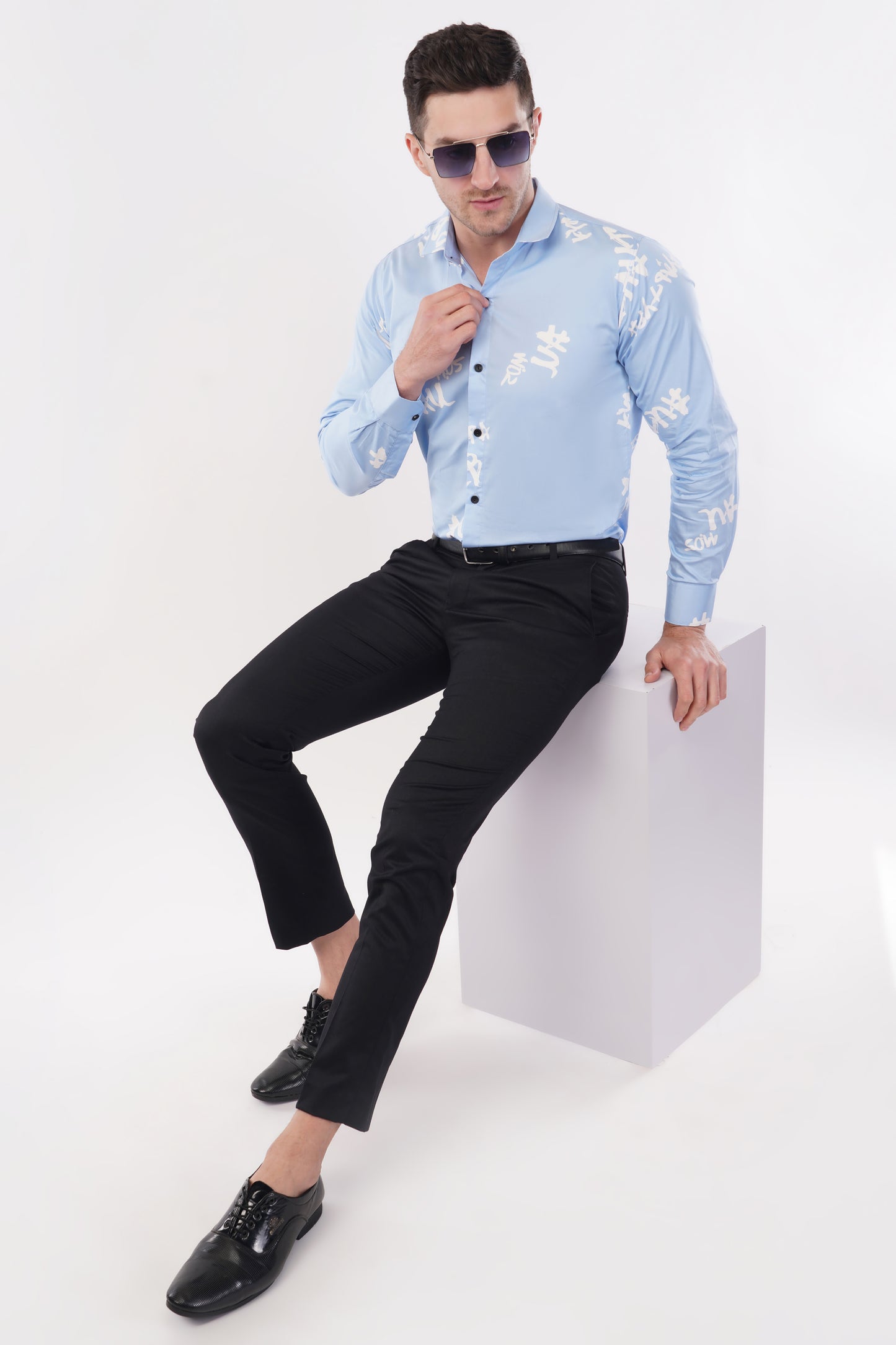 Alphabet Cotton French Sky Blue Digital Printed Shirt