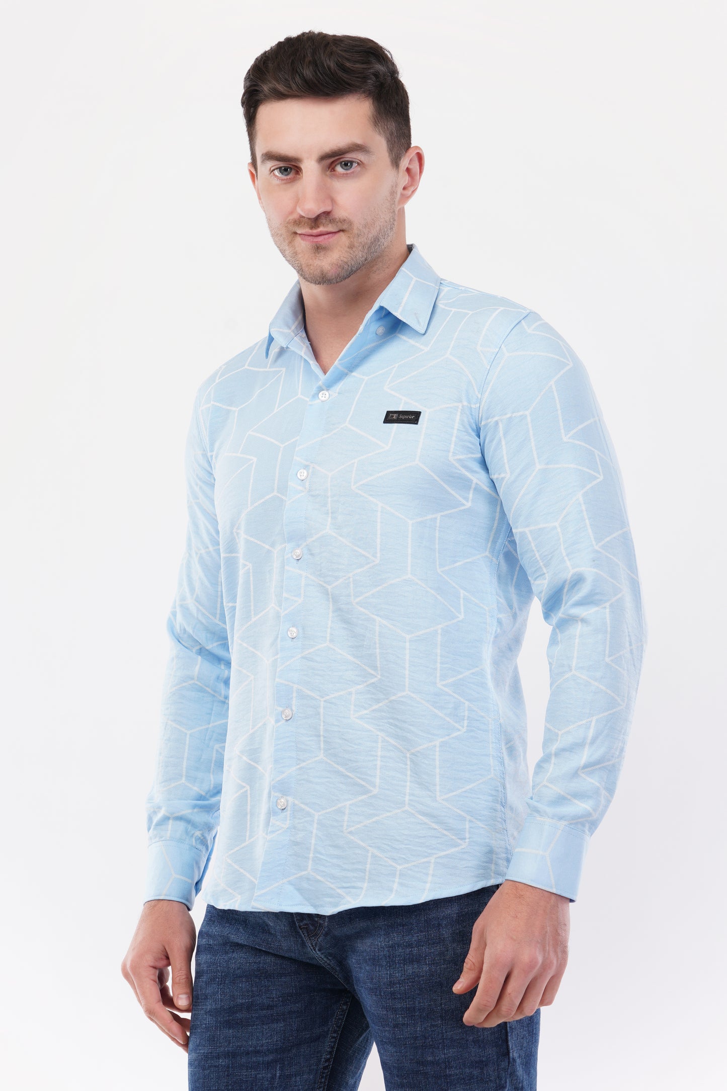 Columbia Blue Geometric Digital Printed Shirt