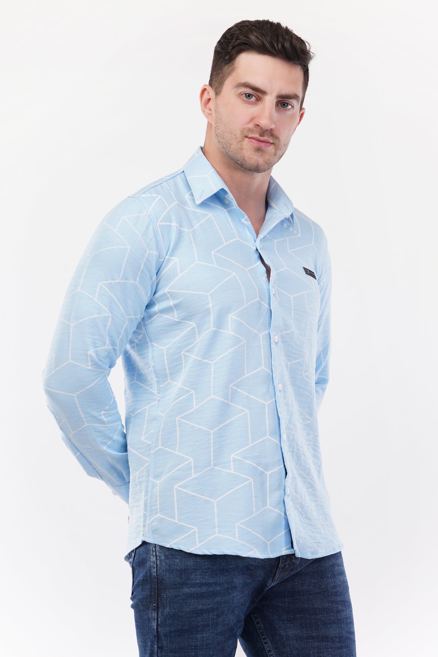 Columbia Blue Geometric Digital Printed Shirt