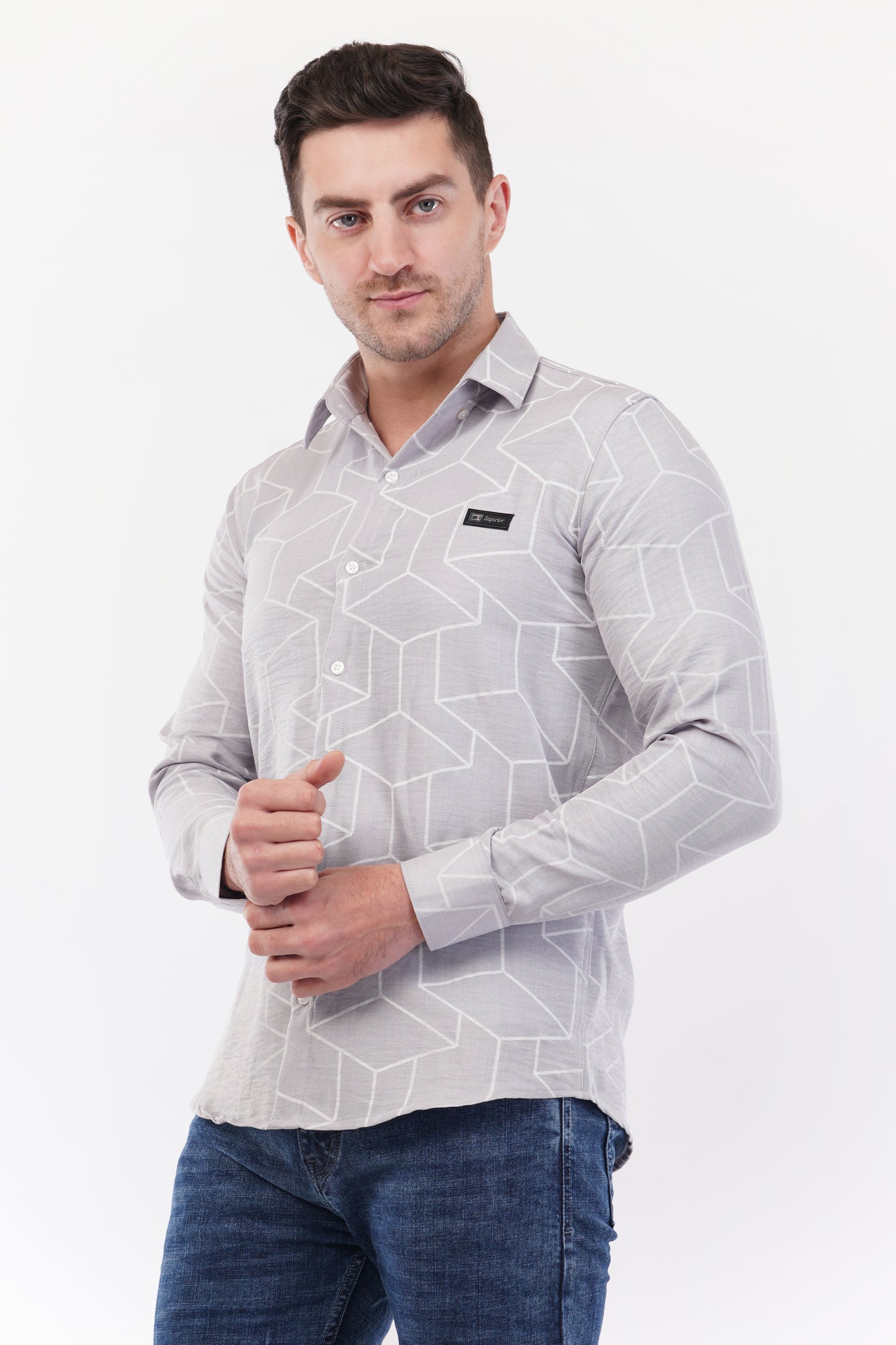 Chinese Silver Geometric Digital Printed Shirt