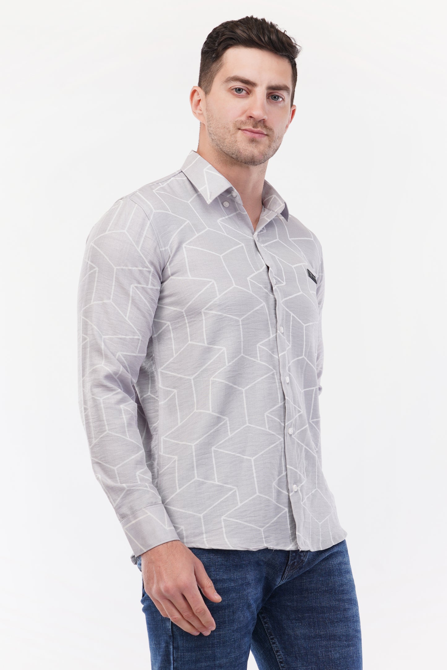 Chinese Silver Geometric Digital Printed Shirt