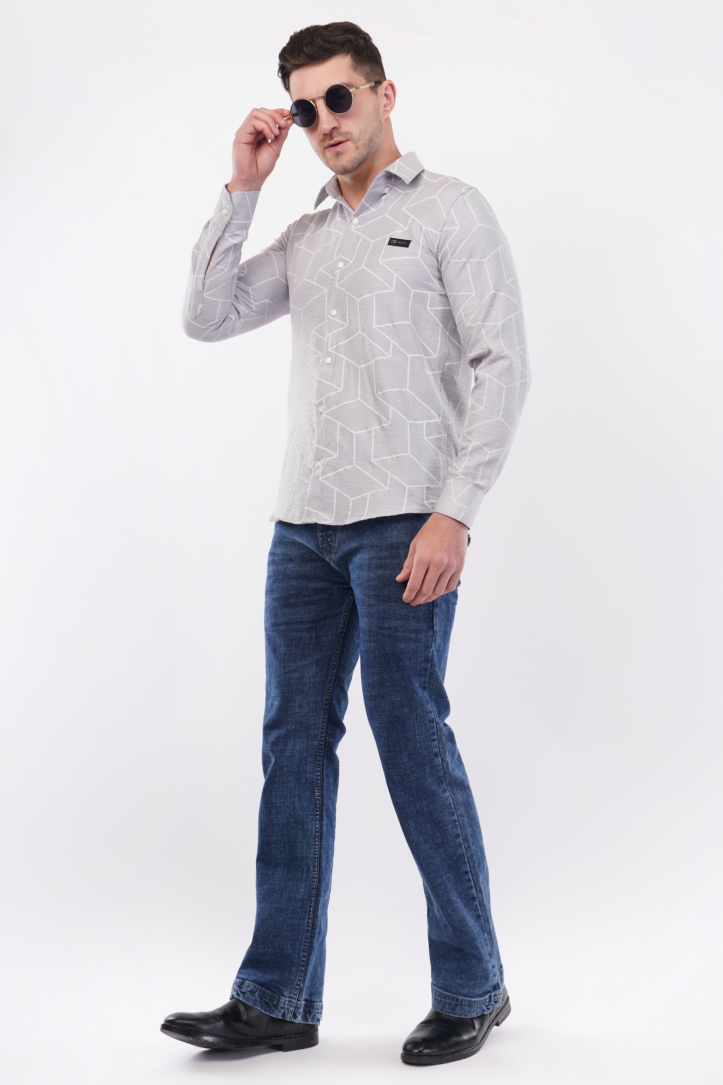 Chinese Silver Geometric Digital Printed Shirt