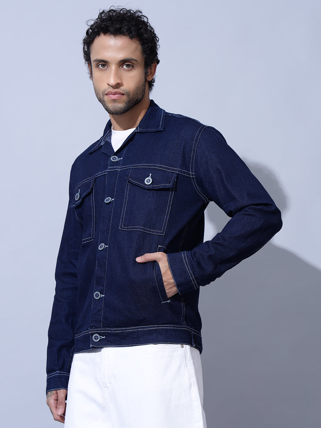 Indigo Double Box Pocket Dark Blue Denim Jacket-Left Side