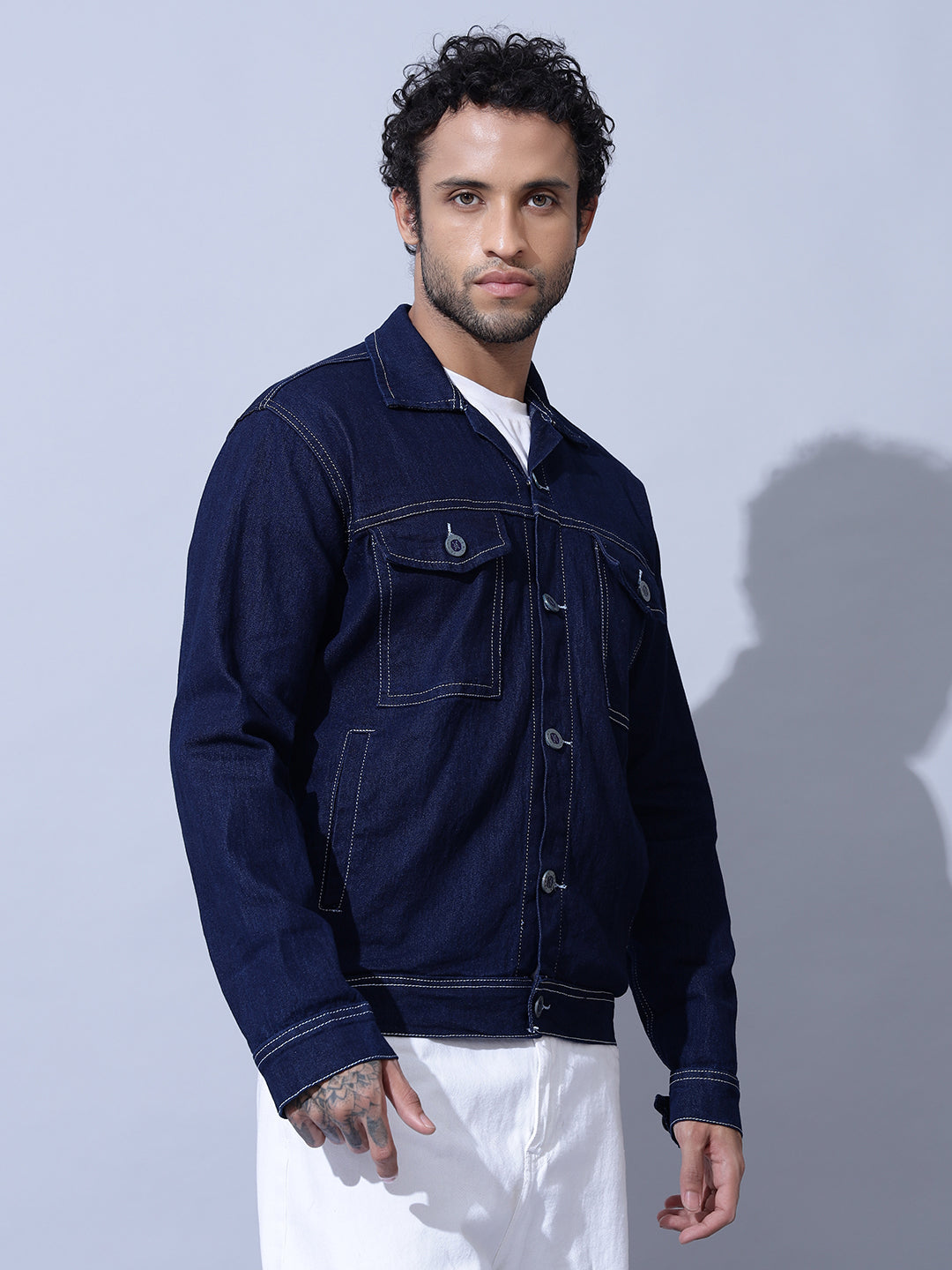 Indigo Double Box Pocket Dark Blue Denim Jacket-Right Side