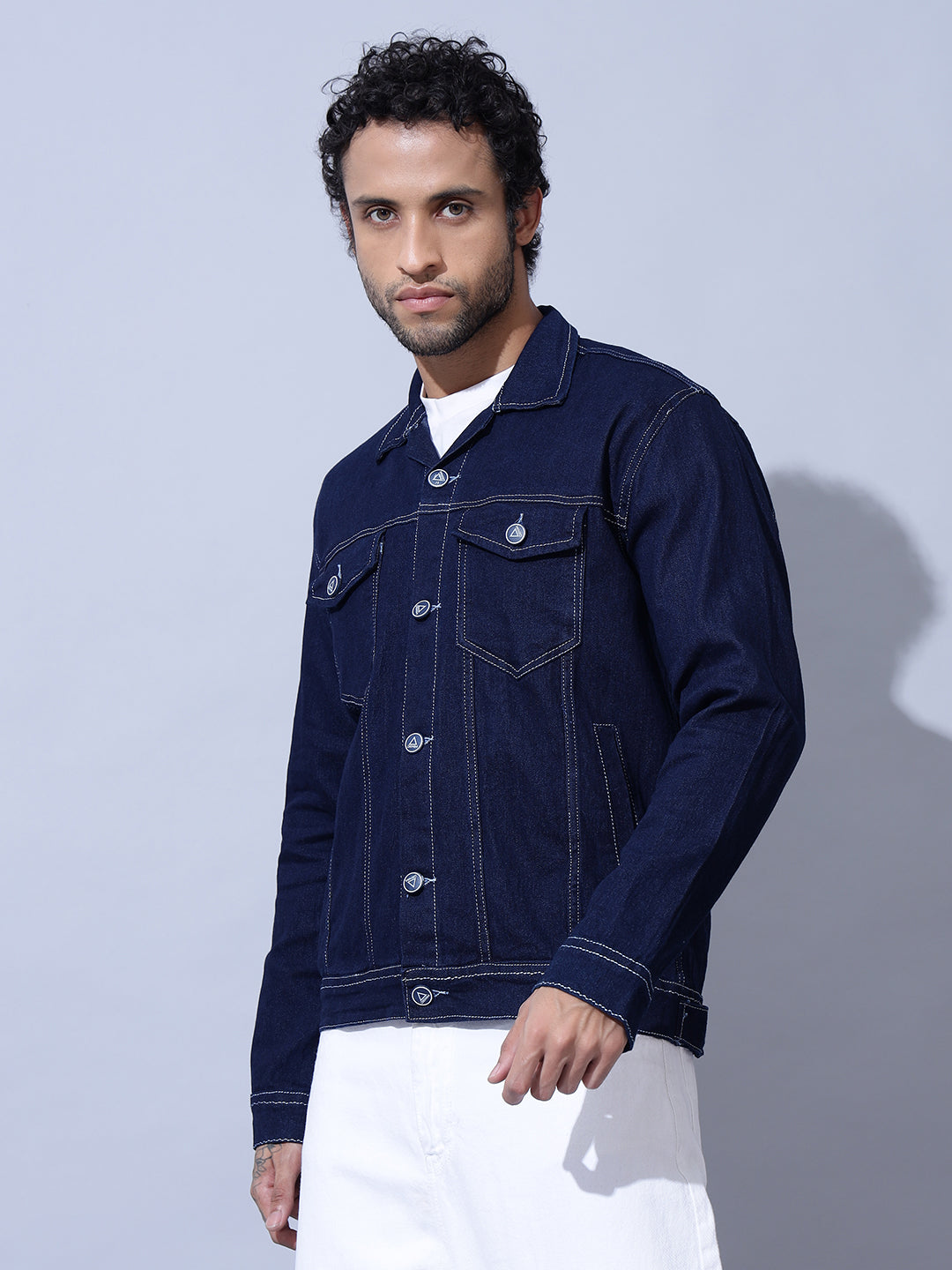 Indigo Double Pocket Dark Blue Denim Jacket-Left Side