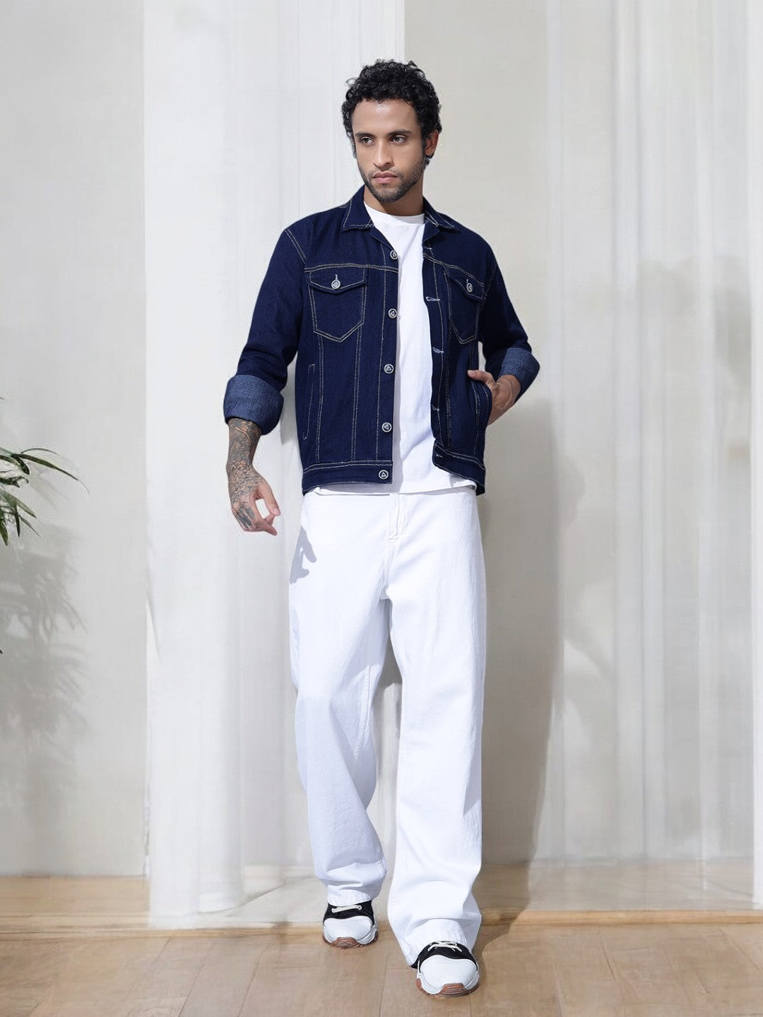 Indigo Double Pocket Dark Blue Denim Jacket-Model