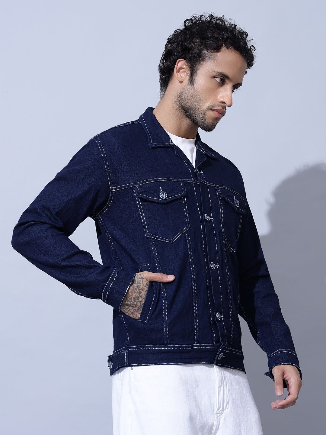 Indigo Double Pocket Dark Blue Denim Jacket-Right Side