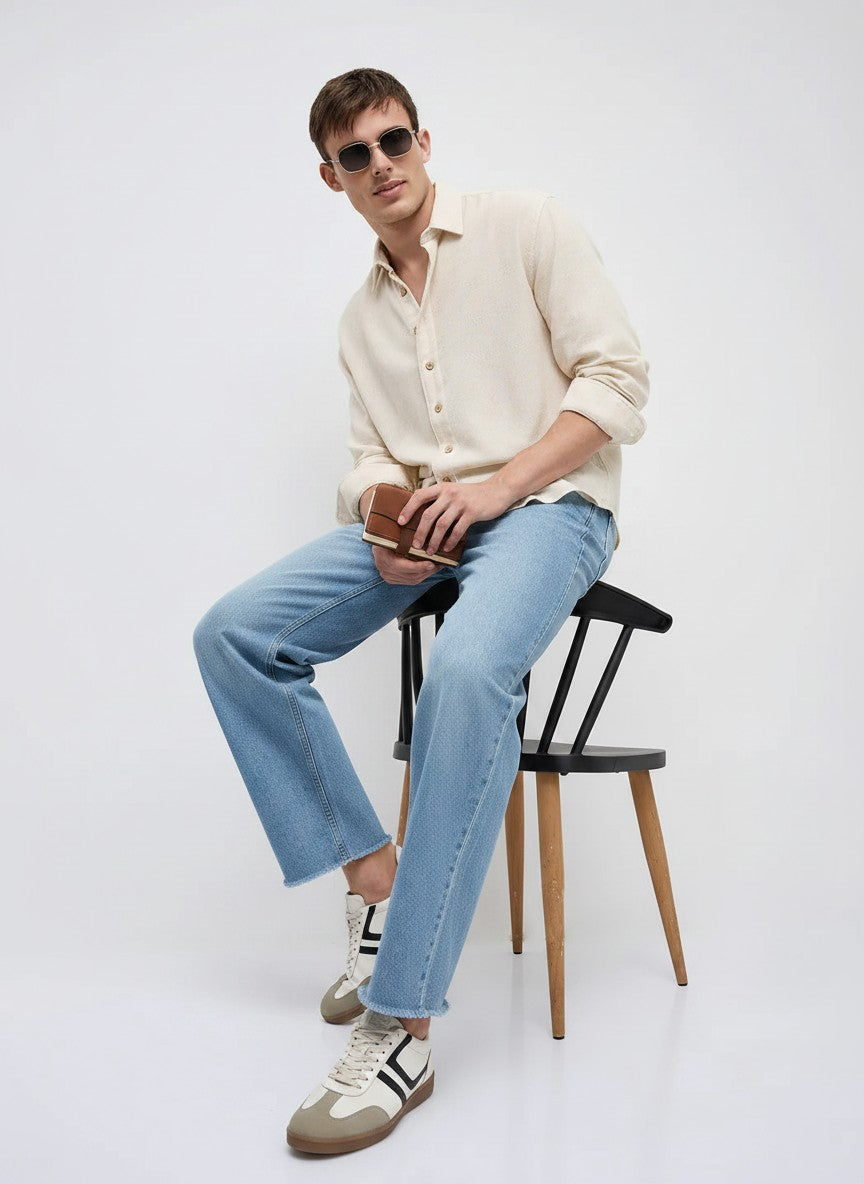 Men Linen Blend Boxy Fit Crop Beige Shirt