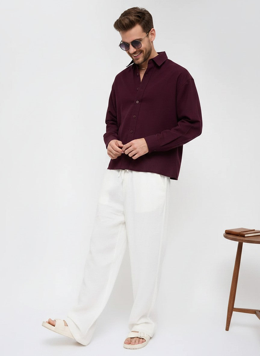 Men Weave Crop Boxy Fit Wine Shirt